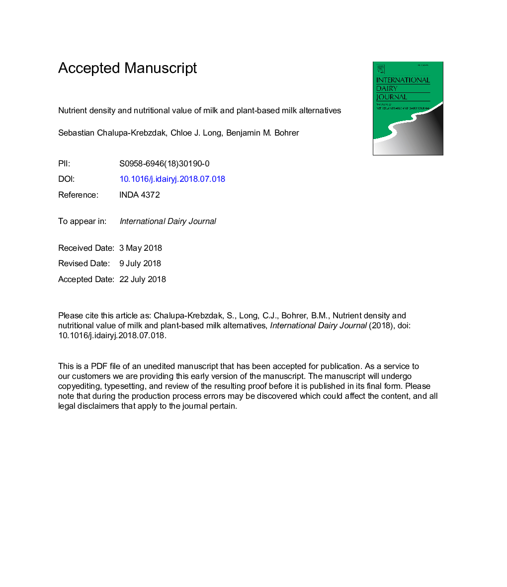 Nutrient density and nutritional value of milk and plant-based milk alternatives