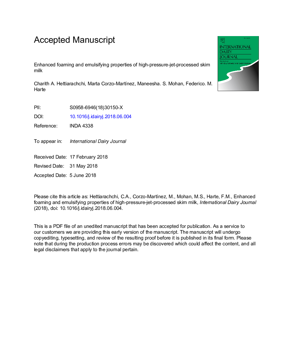 Enhanced foaming and emulsifying properties of high-pressure-jet-processed skim milk