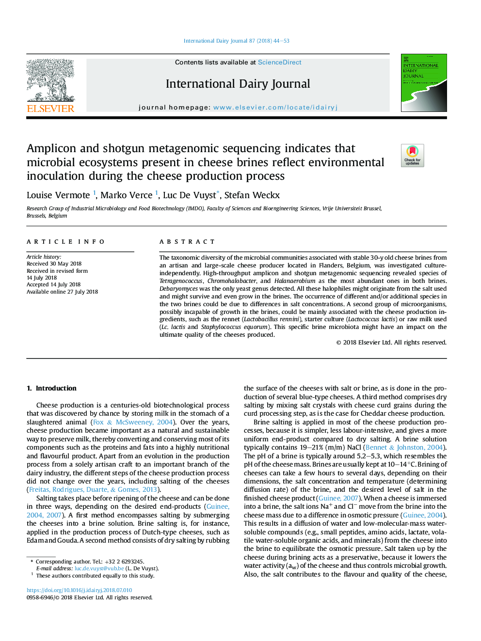 Amplicon and shotgun metagenomic sequencing indicates that microbial ecosystems present in cheese brines reflect environmental inoculation during the cheese production process