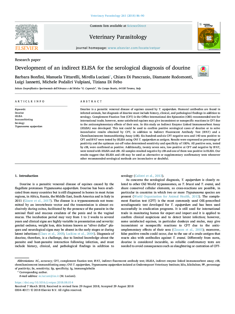 Development of an indirect ELISA for the serological diagnosis of dourine