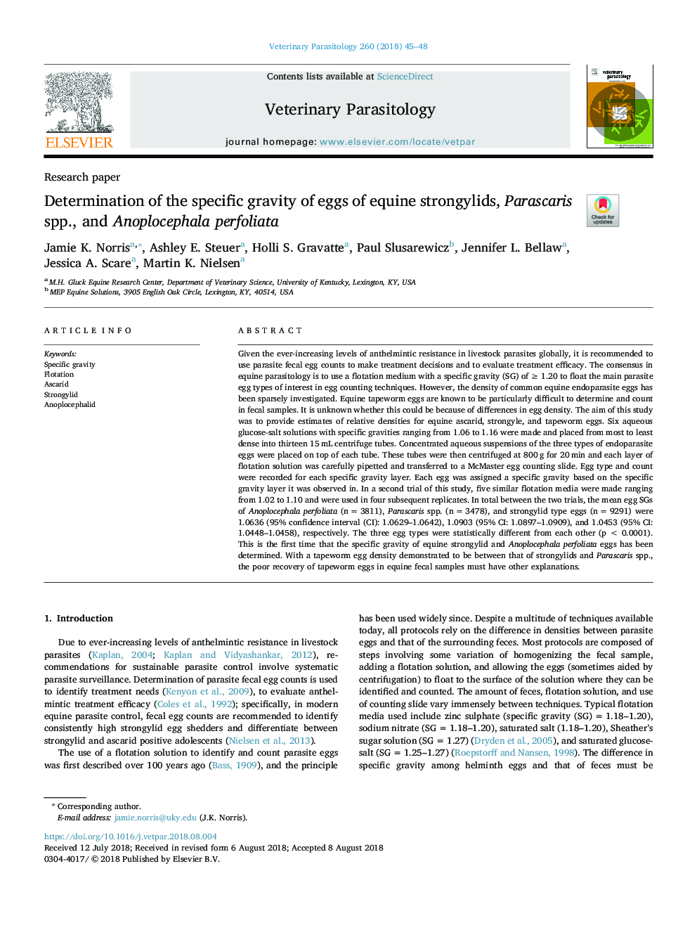 Determination of the specific gravity of eggs of equine strongylids, Parascaris spp., and Anoplocephala perfoliata