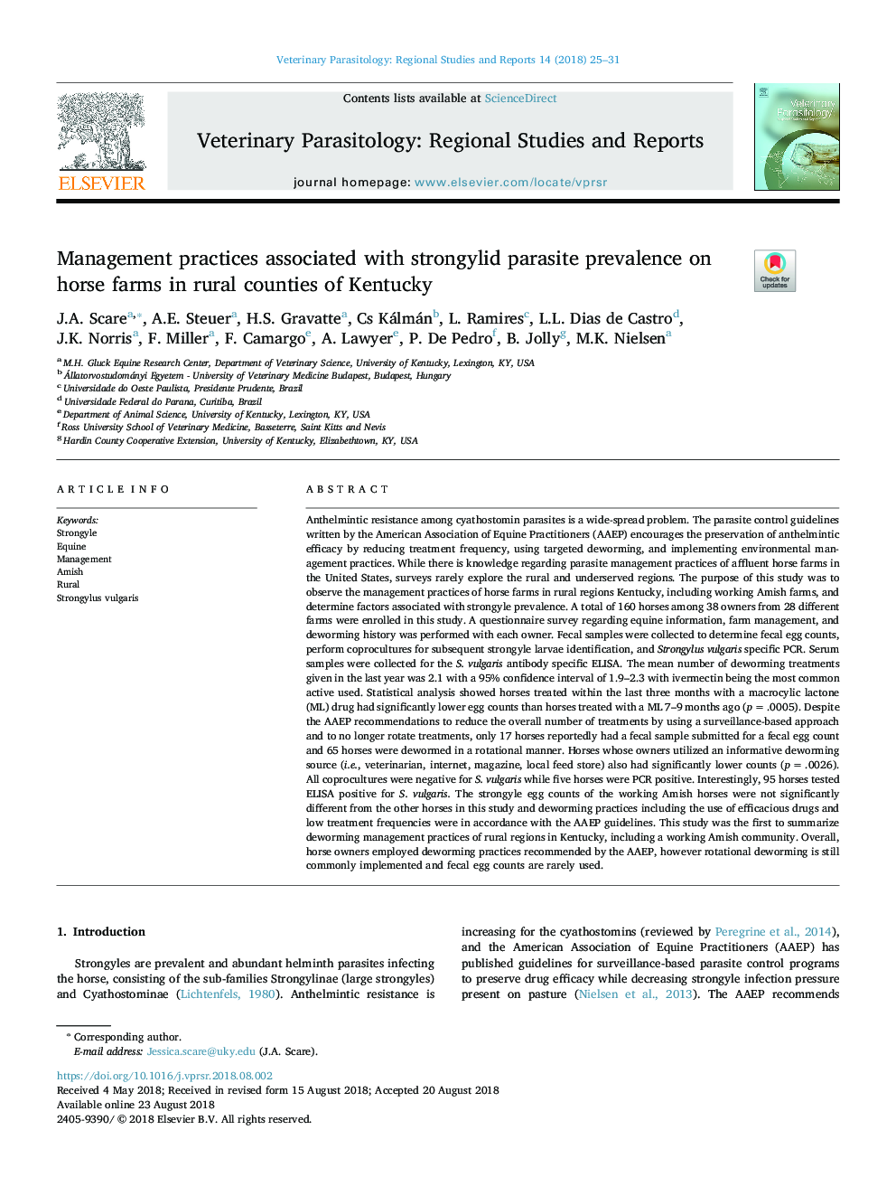 Management practices associated with strongylid parasite prevalence on horse farms in rural counties of Kentucky