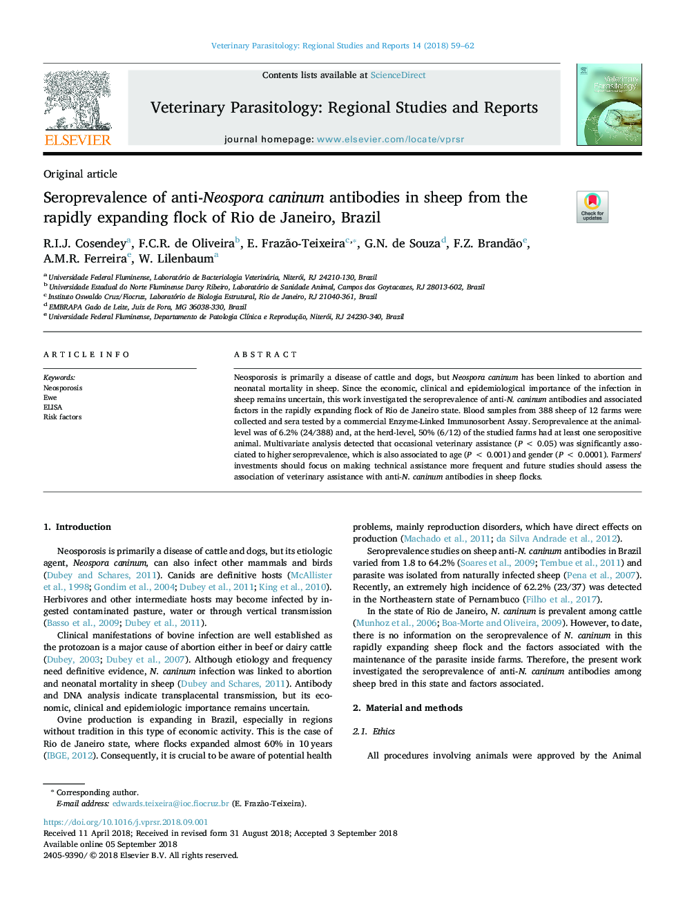 Seroprevalence of anti-Neospora caninum antibodies in sheep from the rapidly expanding flock of Rio de Janeiro, Brazil