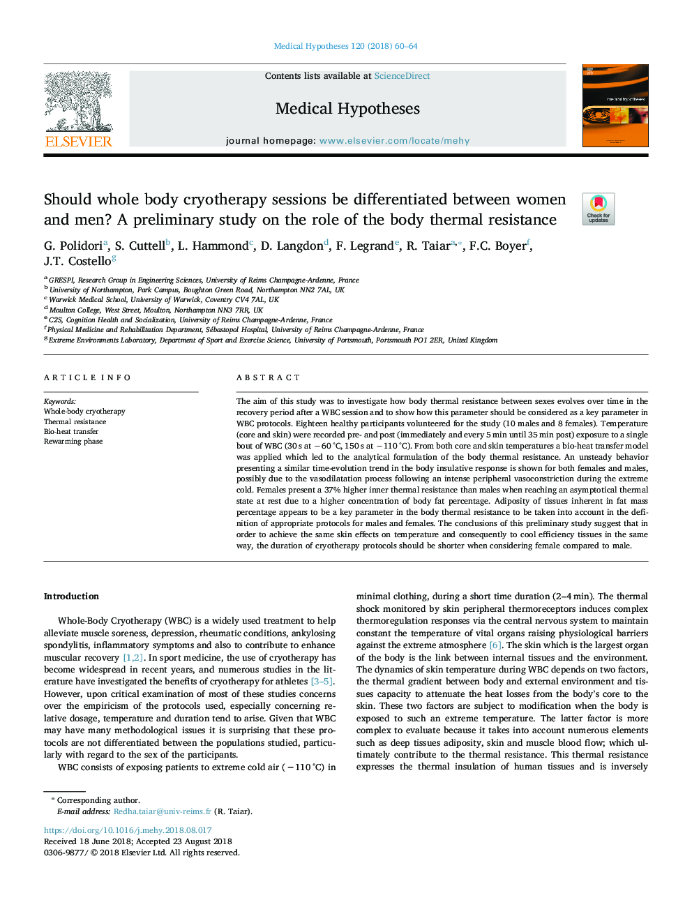 Should whole body cryotherapy sessions be differentiated between women and men? A preliminary study on the role of the body thermal resistance