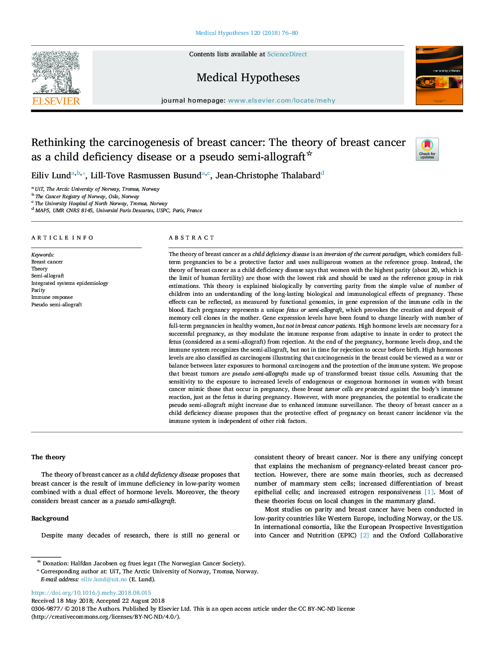 Rethinking the carcinogenesis of breast cancer: The theory of breast cancer as a child deficiency disease or a pseudo semi-allograft