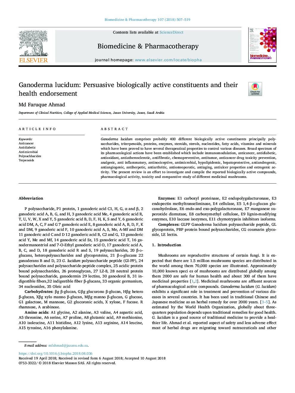 Ganoderma lucidum: Persuasive biologically active constituents and their health endorsement