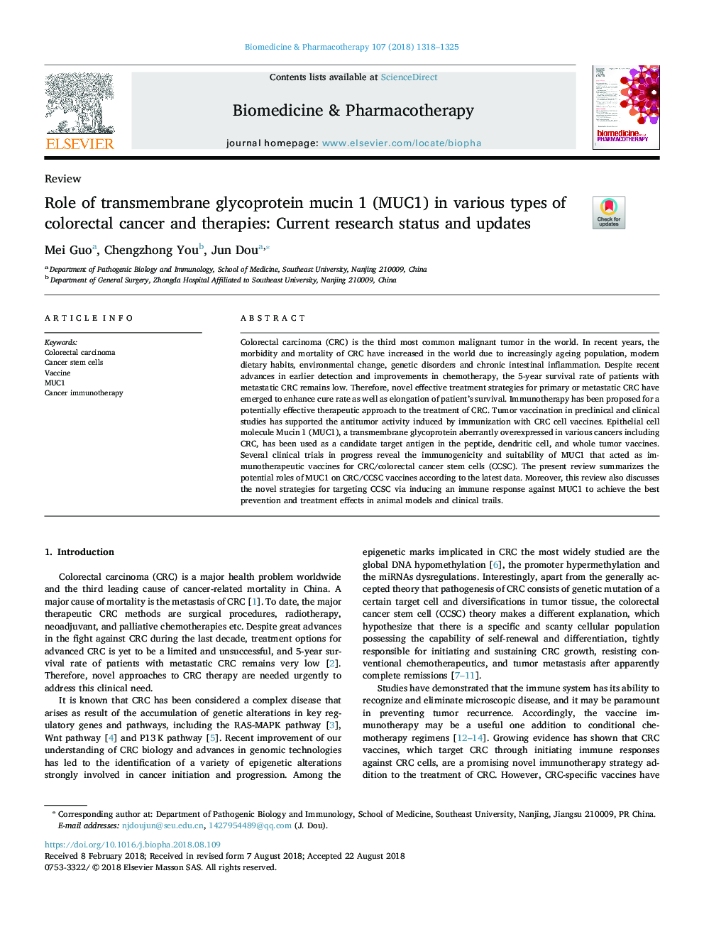 Role of transmembrane glycoprotein mucin 1 (MUC1) in various types of colorectal cancer and therapies: Current research status and updates