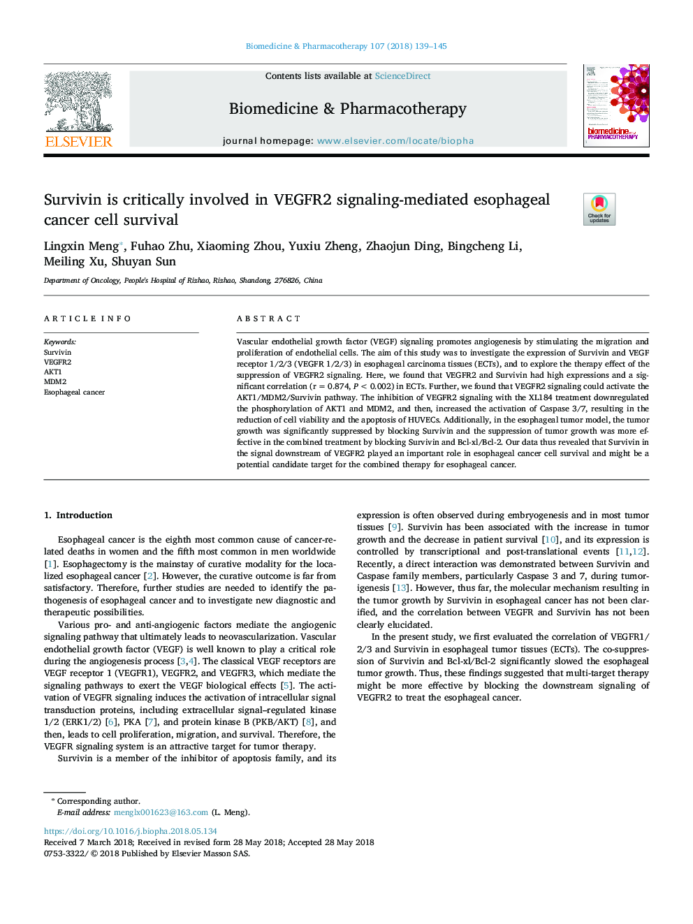 Survivin is critically involved in VEGFR2 signaling-mediated esophageal cancer cell survival