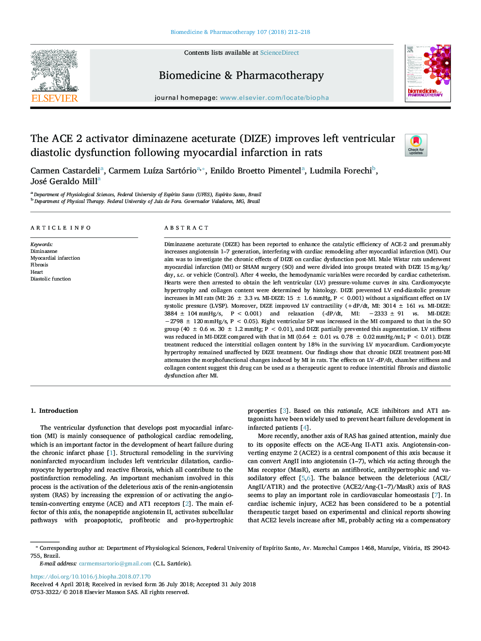 The ACE 2 activator diminazene aceturate (DIZE) improves left ventricular diastolic dysfunction following myocardial infarction in rats