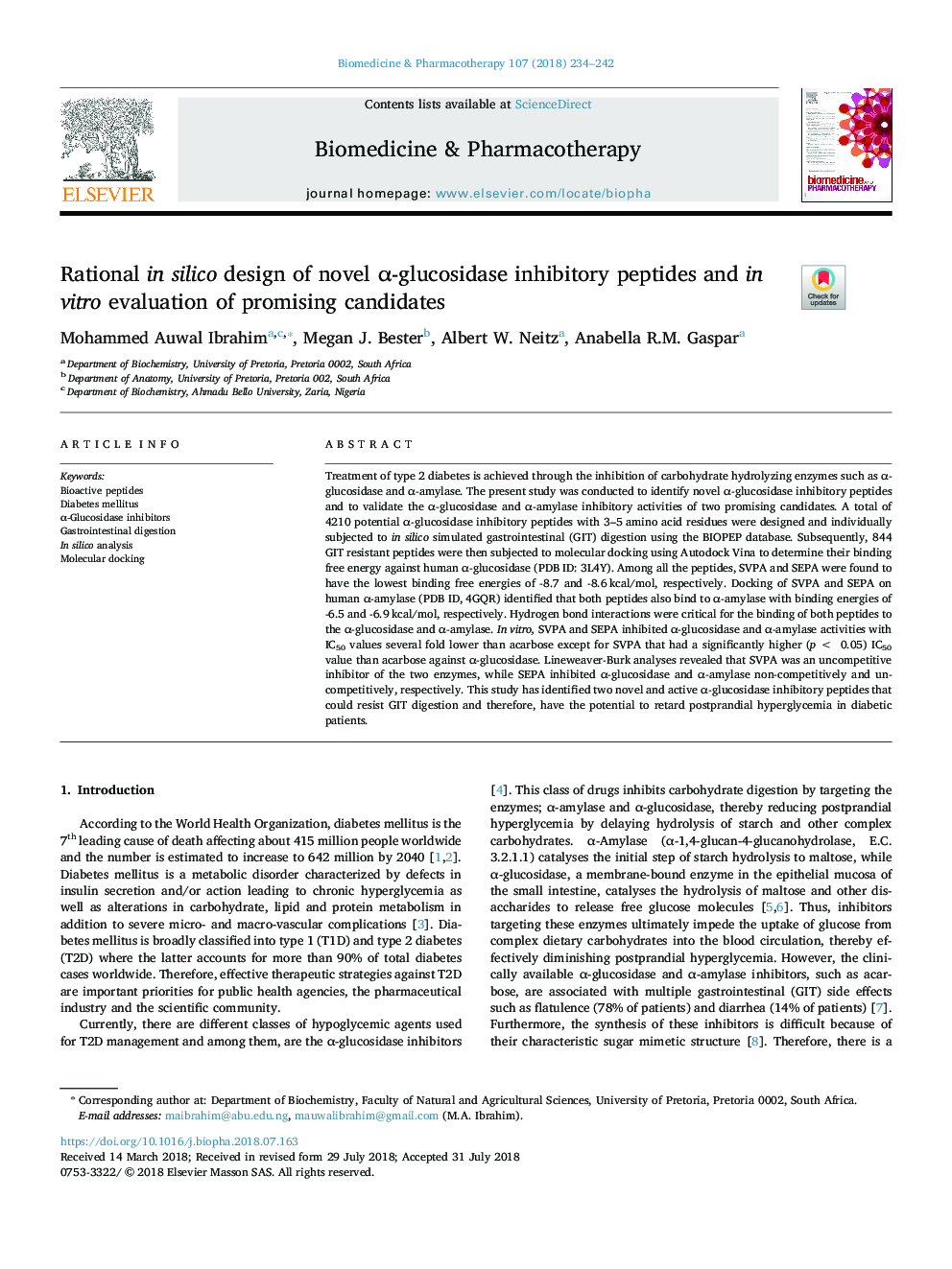 Rational in silico design of novel Î±-glucosidase inhibitory peptides and in vitro evaluation of promising candidates