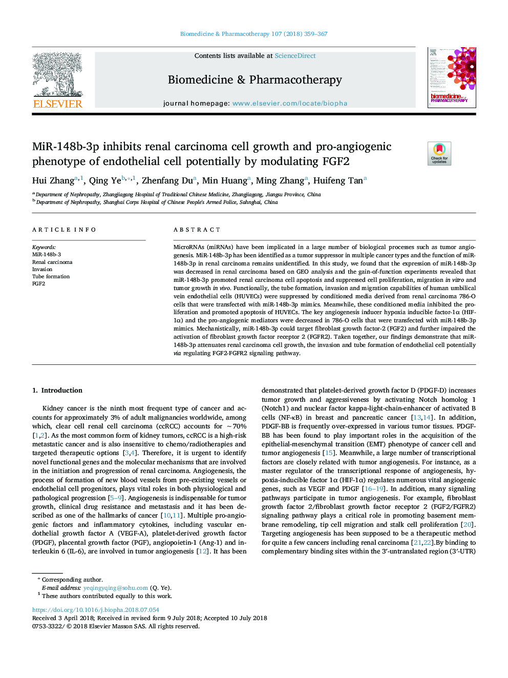 MiR-148b-3p inhibits renal carcinoma cell growth and pro-angiogenic phenotype of endothelial cell potentially by modulating FGF2