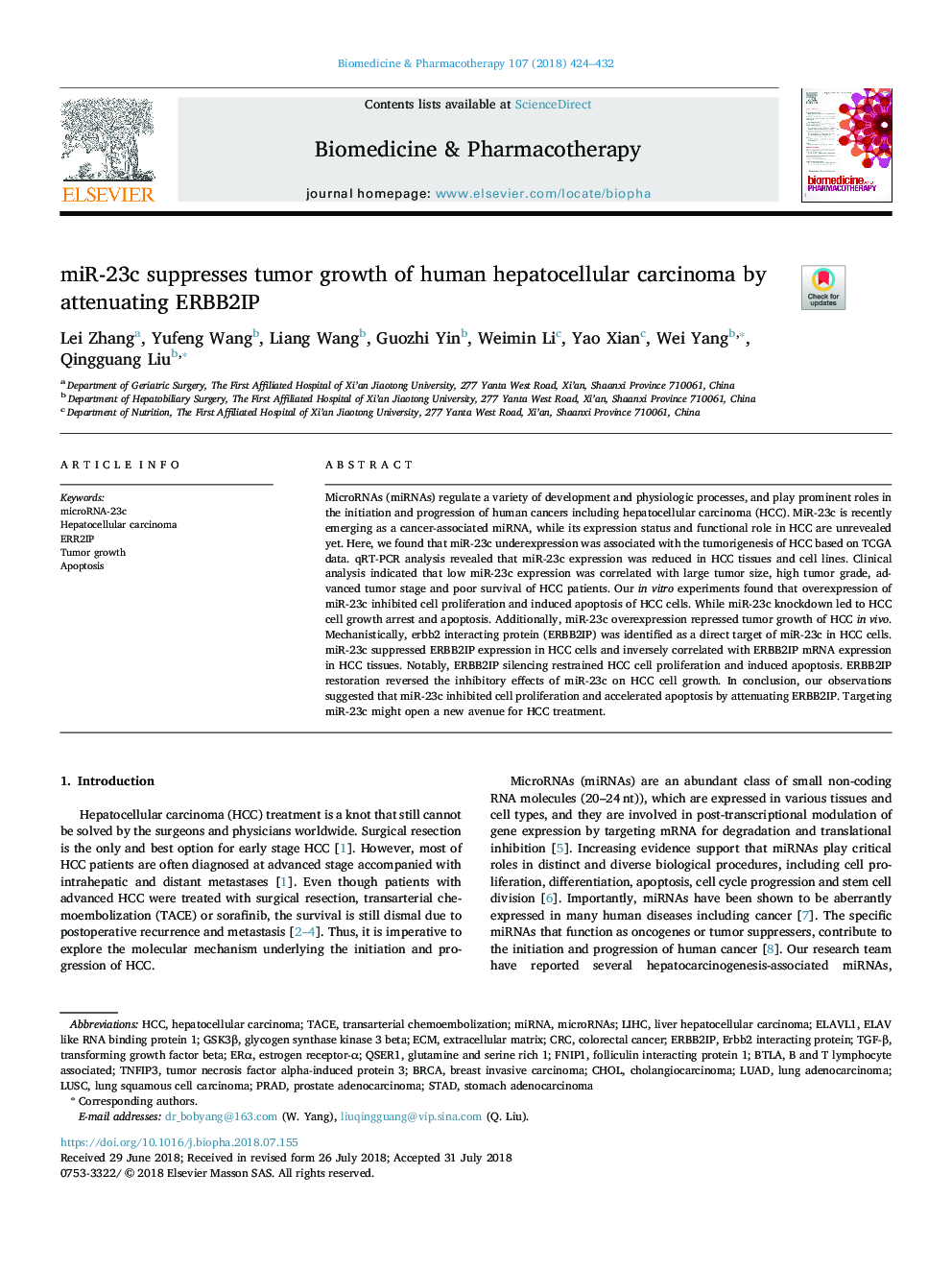 miR-23c suppresses tumor growth of human hepatocellular carcinoma by attenuating ERBB2IP