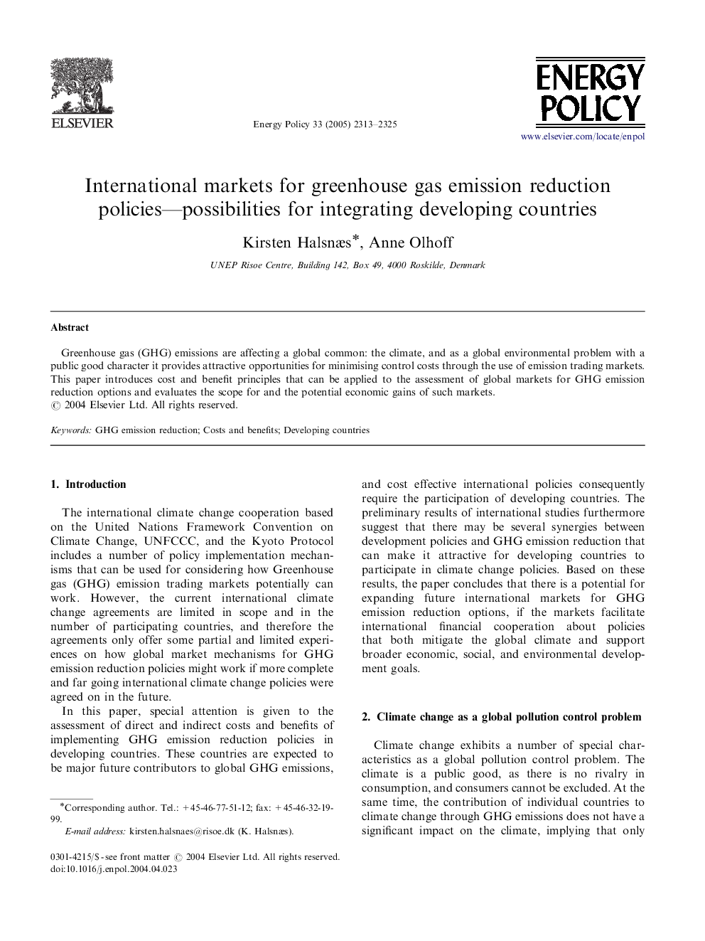 International markets for greenhouse gas emission reduction policies-possibilities for integrating developing countries