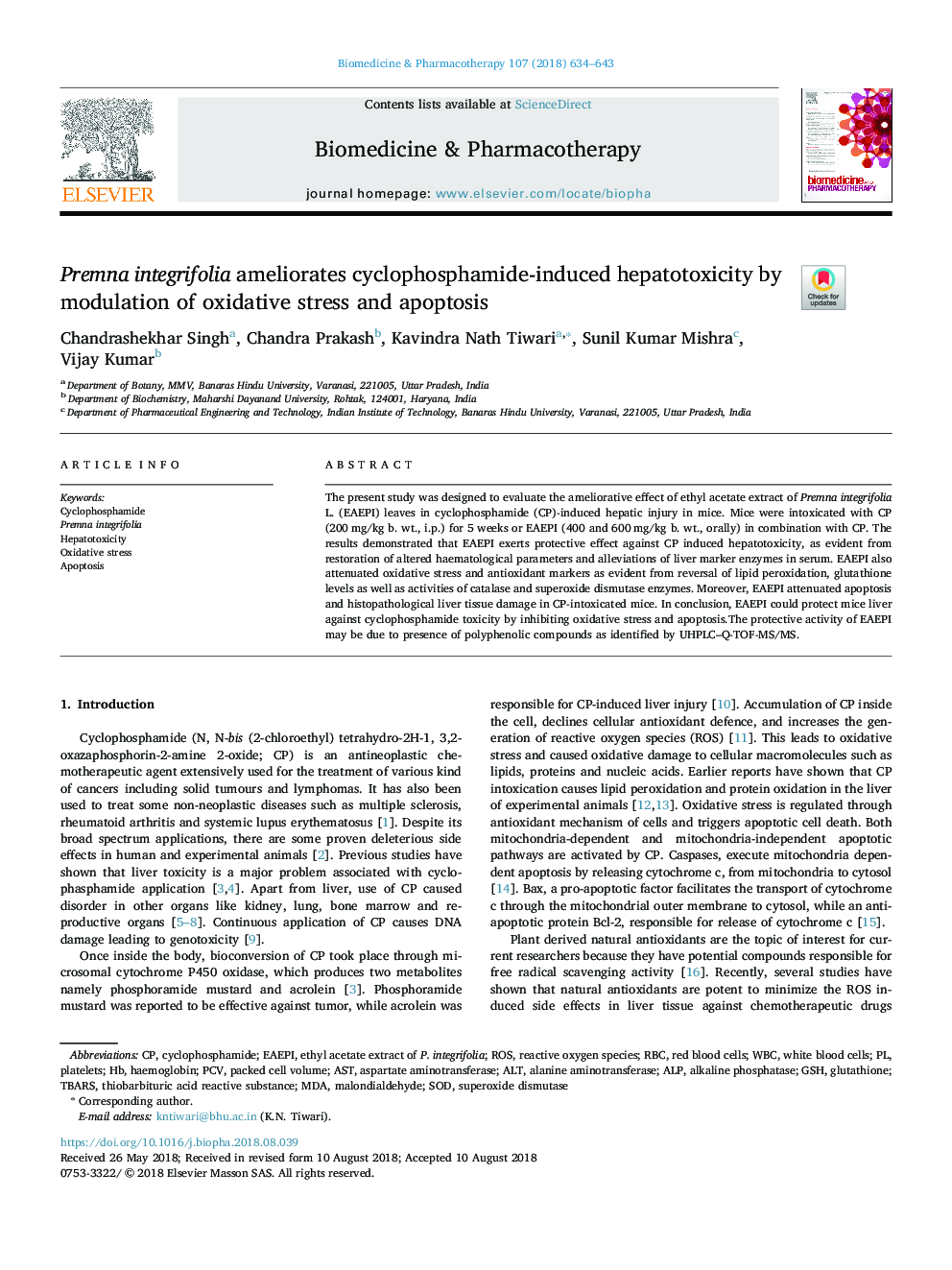 Premna integrifolia ameliorates cyclophosphamide-induced hepatotoxicity by modulation of oxidative stress and apoptosis