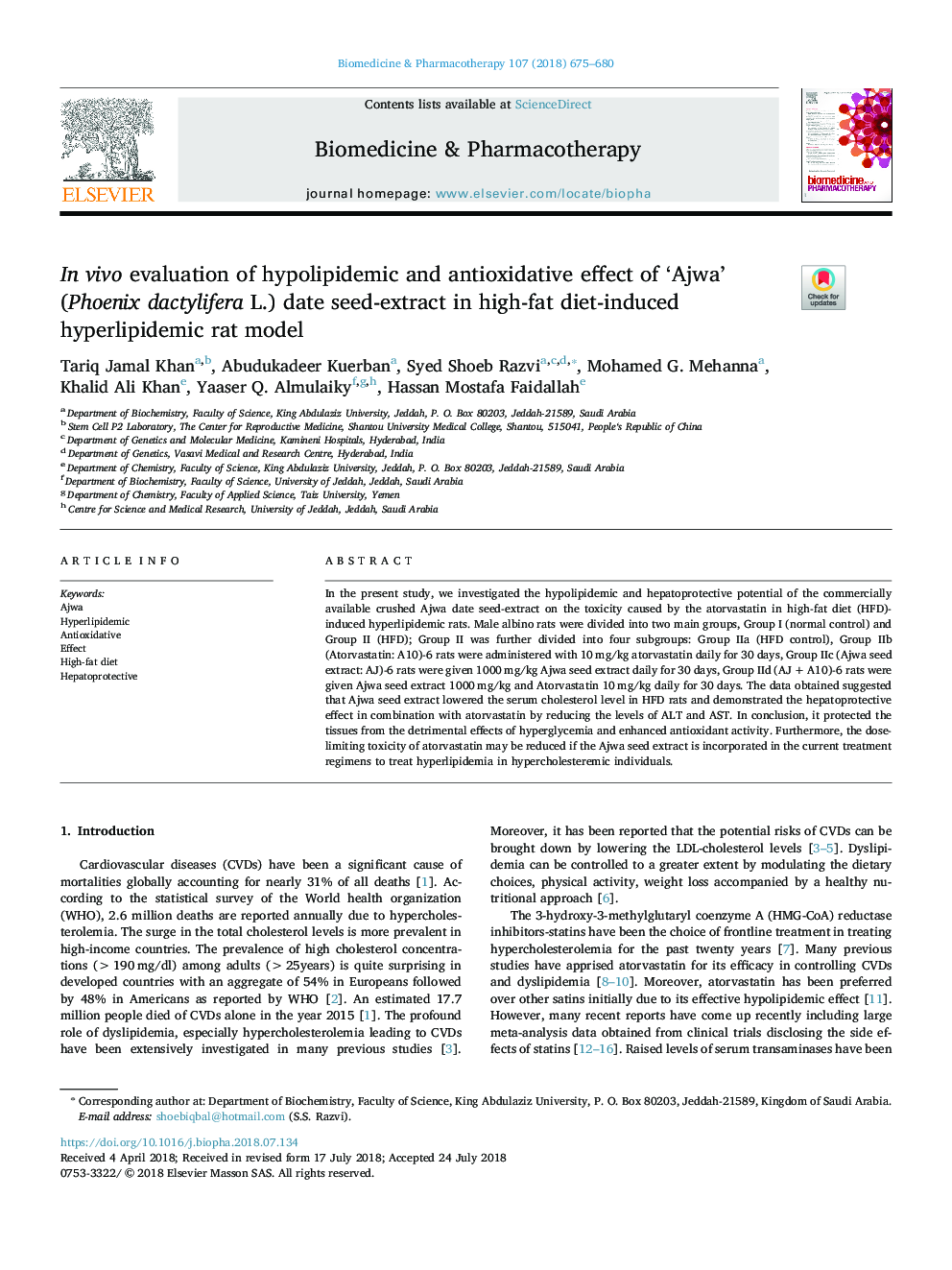 In vivo evaluation of hypolipidemic and antioxidative effect of 'Ajwa' (Phoenix dactylifera L.) date seed-extract in high-fat diet-induced hyperlipidemic rat model