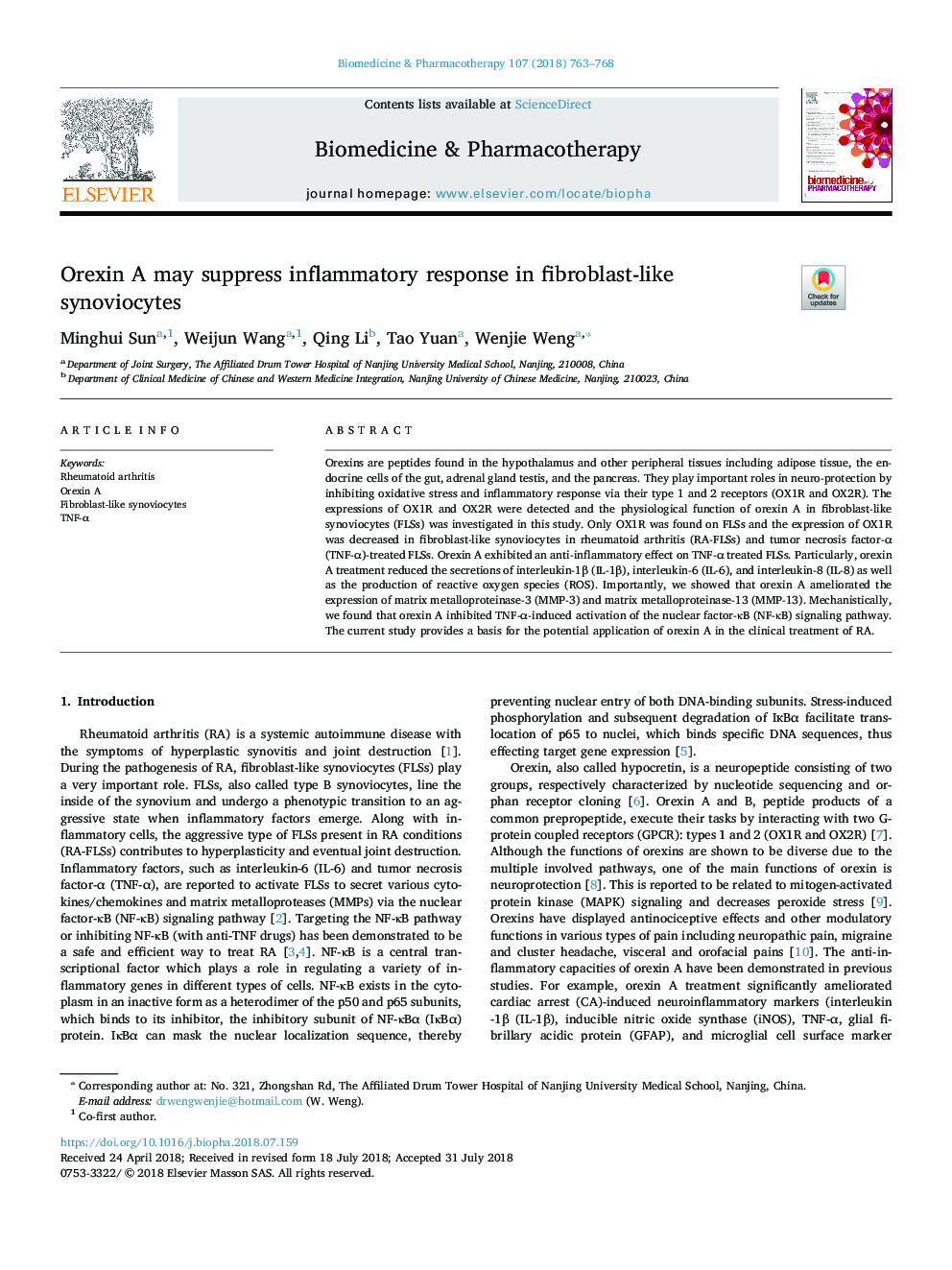 Orexin A may suppress inflammatory response in fibroblast-like synoviocytes