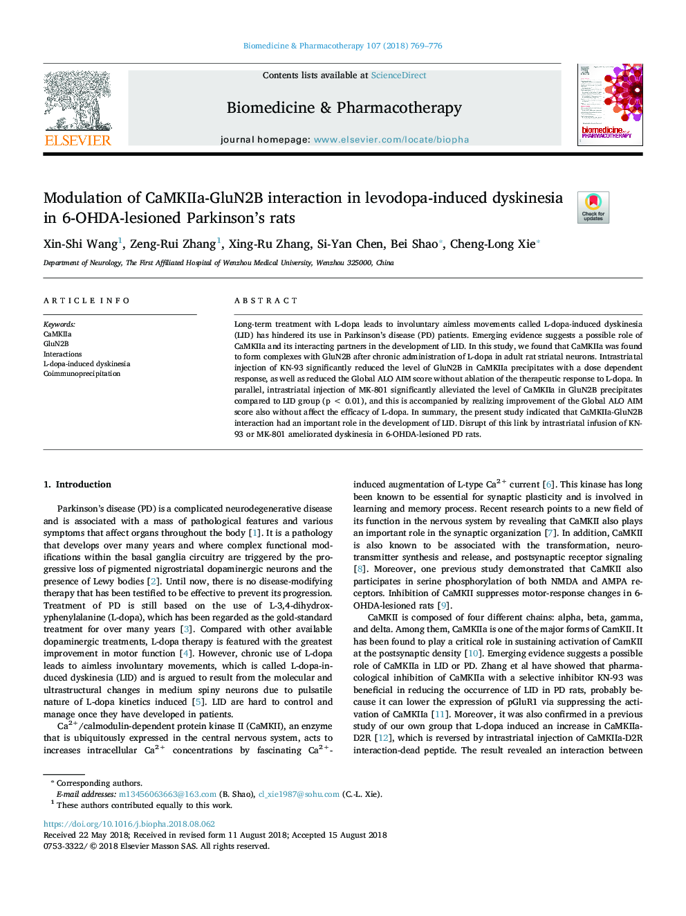 Modulation of CaMKIIa-GluN2B interaction in levodopa-induced dyskinesia in 6-OHDA-lesioned Parkinson's rats