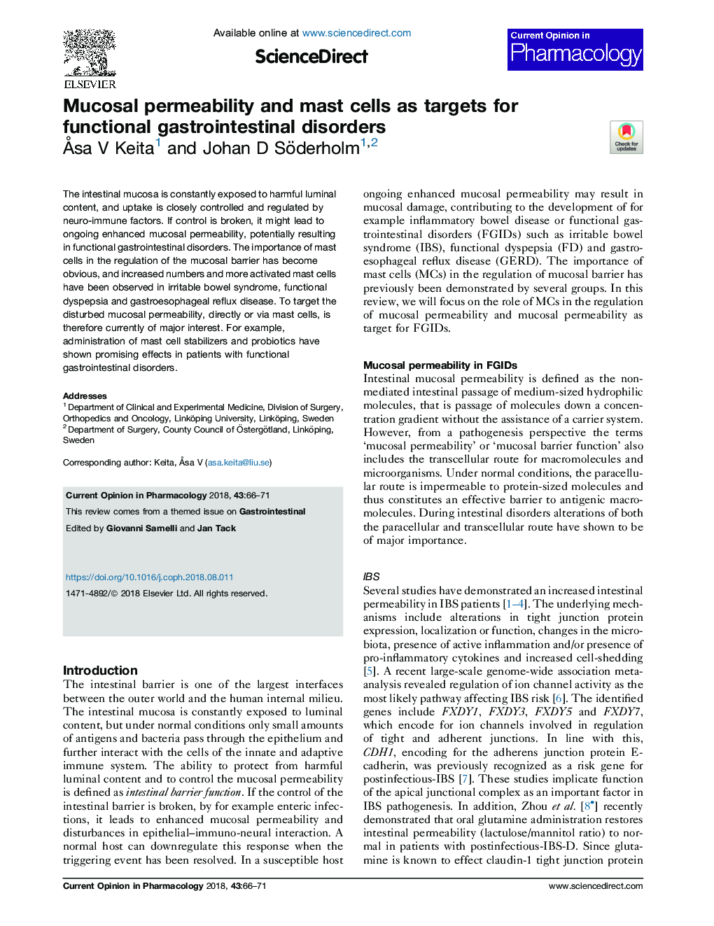 Mucosal permeability and mast cells as targets for functional gastrointestinal disorders