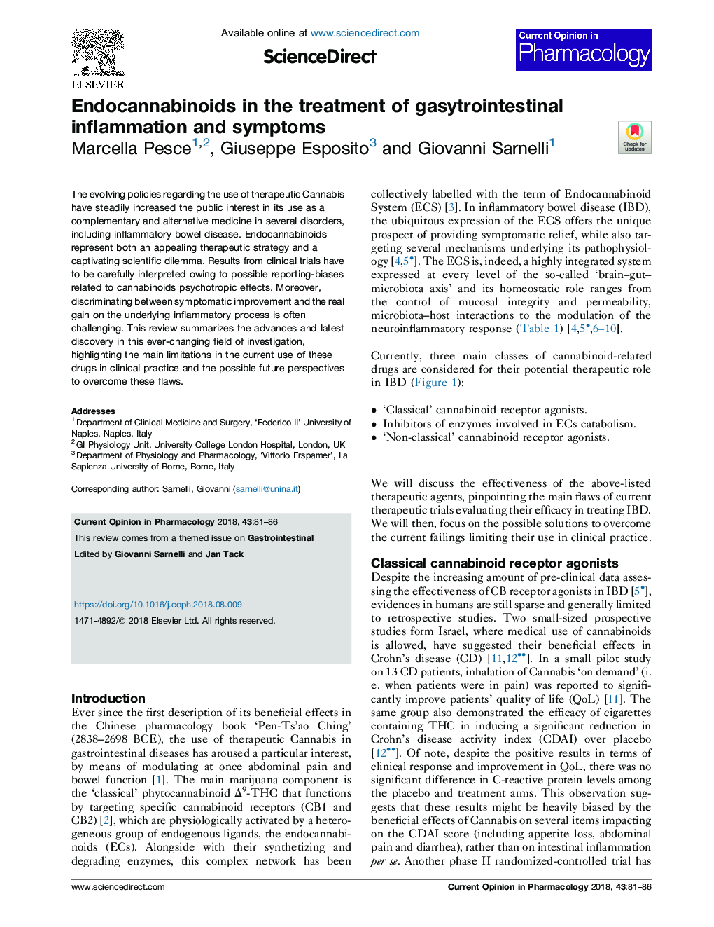 Endocannabinoids in the treatment of gasytrointestinal inflammation and symptoms