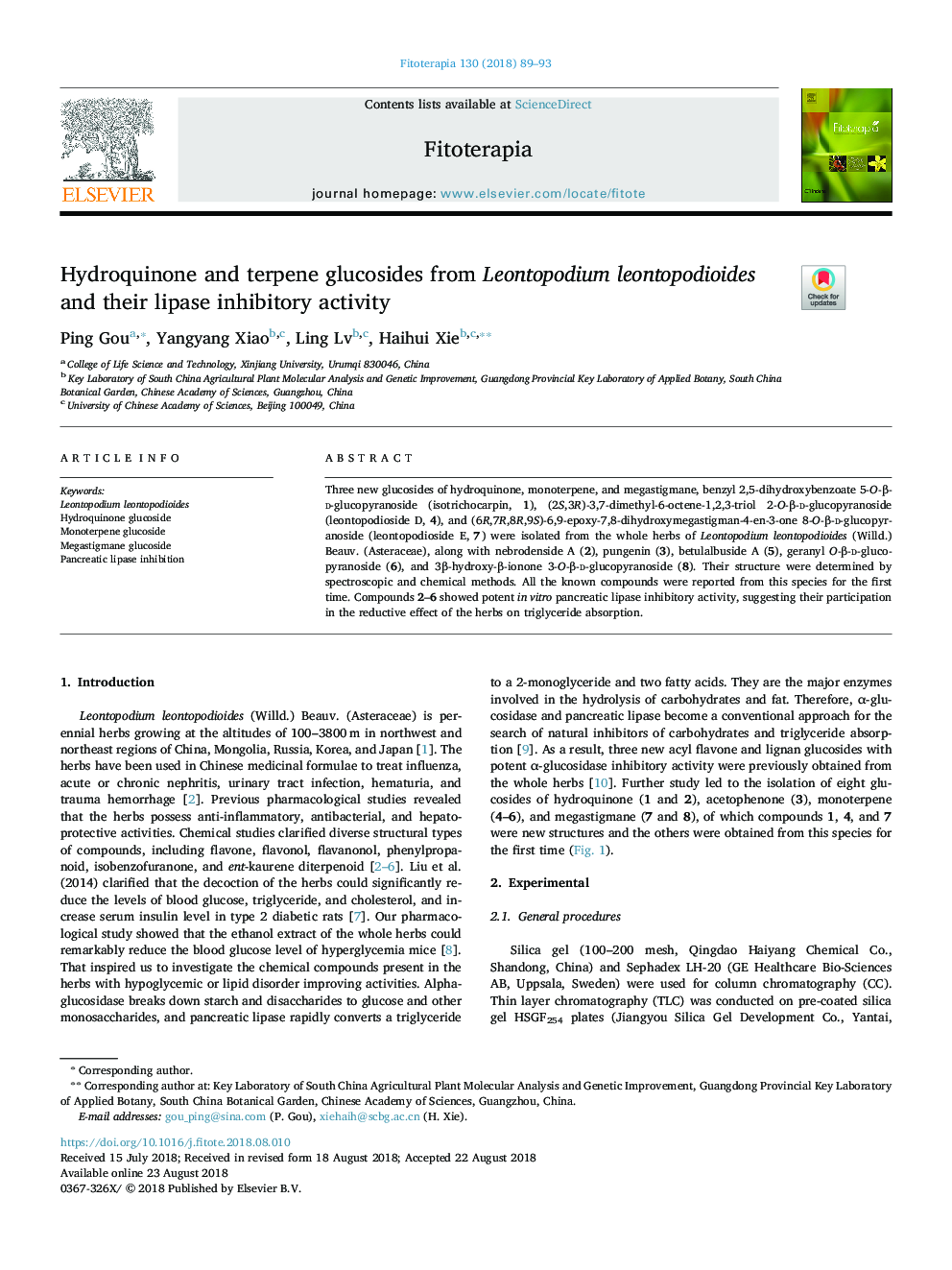 Hydroquinone and terpene glucosides from Leontopodium leontopodioides and their lipase inhibitory activity