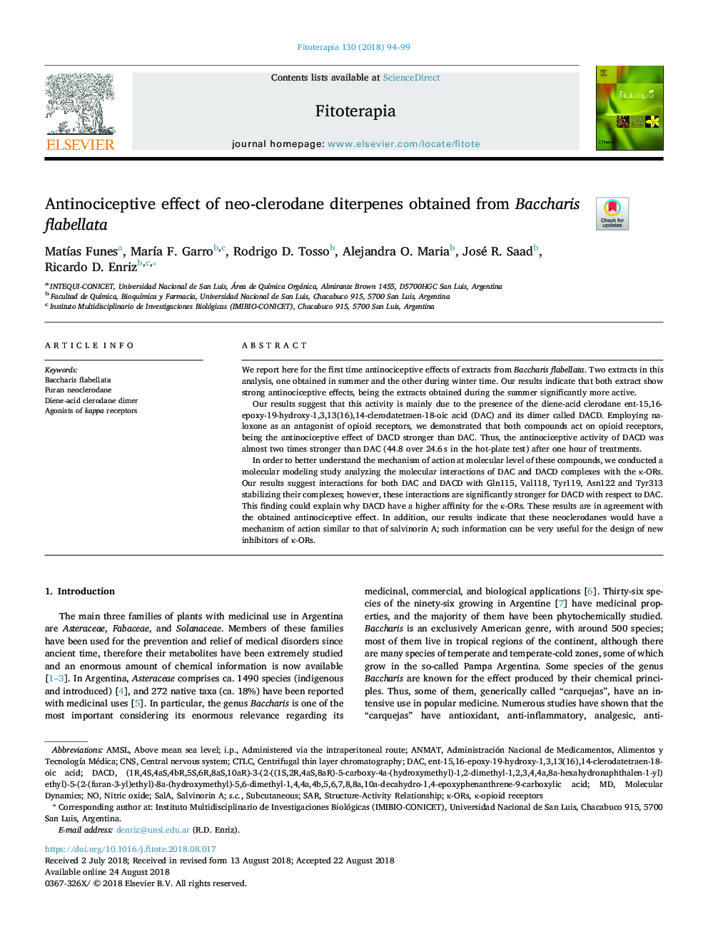 Antinociceptive effect of neo-clerodane diterpenes obtained from Baccharis flabellata