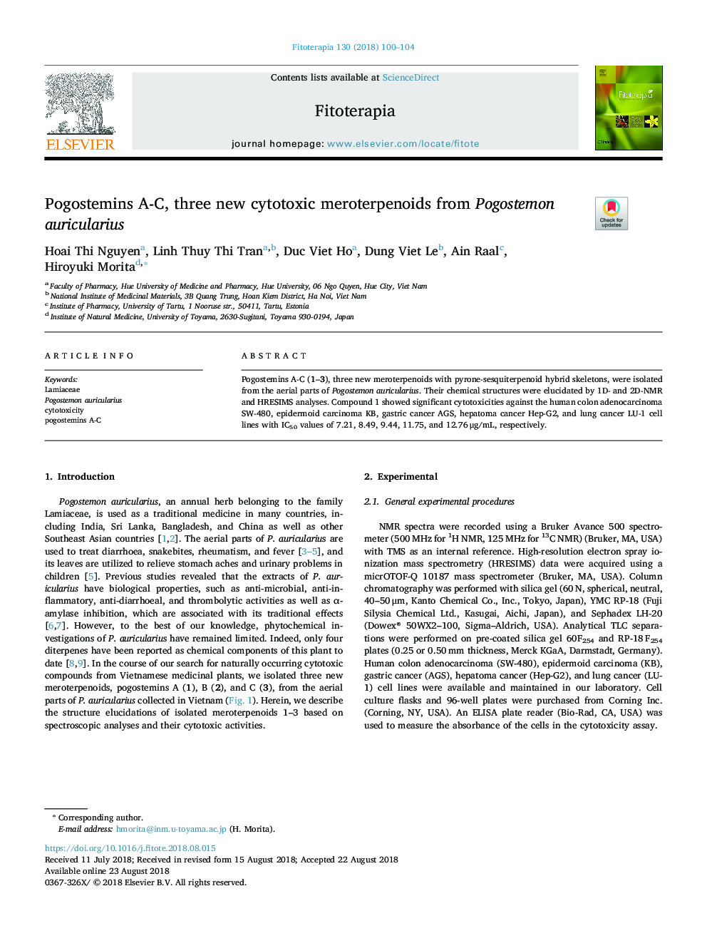 Pogostemins A-C, three new cytotoxic meroterpenoids from Pogostemon auricularius