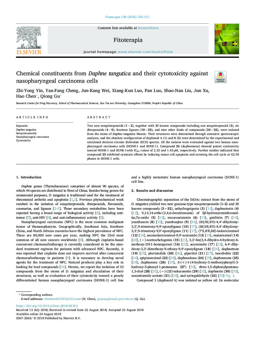 Chemical constituents from Daphne tangutica and their cytotoxicity against nasopharyngeal carcinoma cells