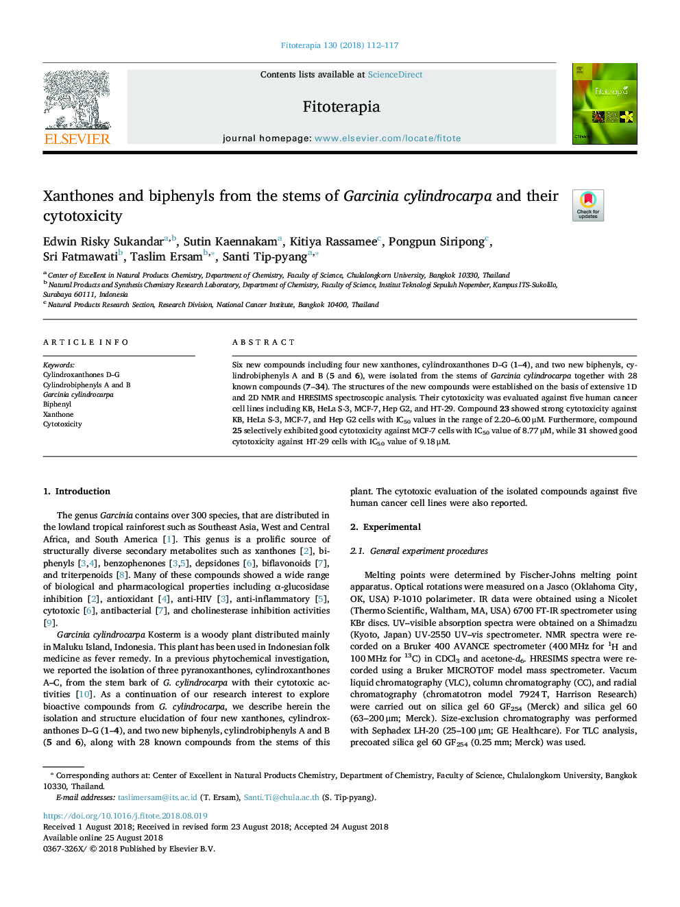 Xanthones and biphenyls from the stems of Garcinia cylindrocarpa and their cytotoxicity