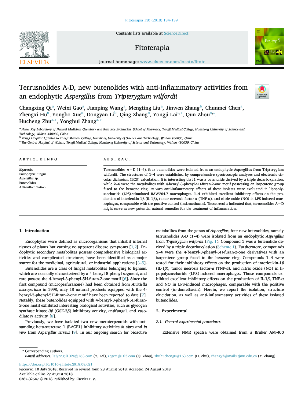 Terrusnolides A-D, new butenolides with anti-inflammatory activities from an endophytic Aspergillus from Tripterygium wilfordii