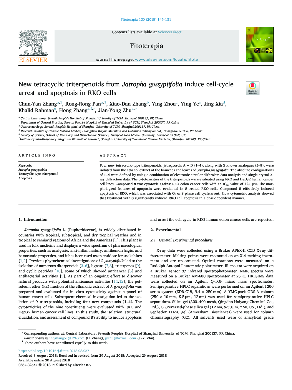 New tetracyclic triterpenoids from Jatropha gossypiifolia induce cell-cycle arrest and apoptosis in RKO cells