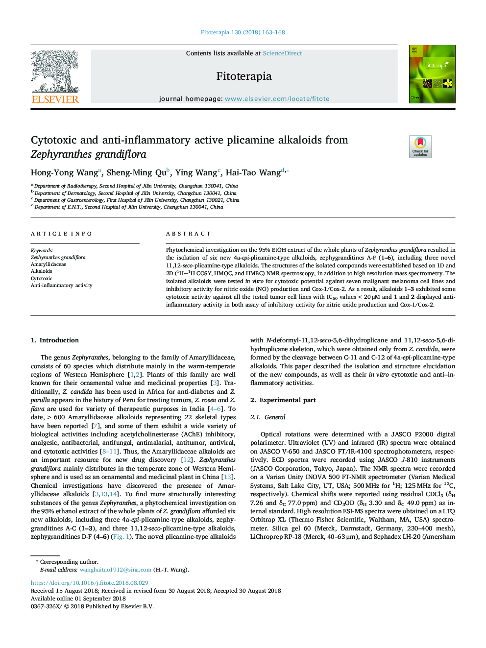 Cytotoxic and anti-inflammatory active plicamine alkaloids from Zephyranthes grandiflora