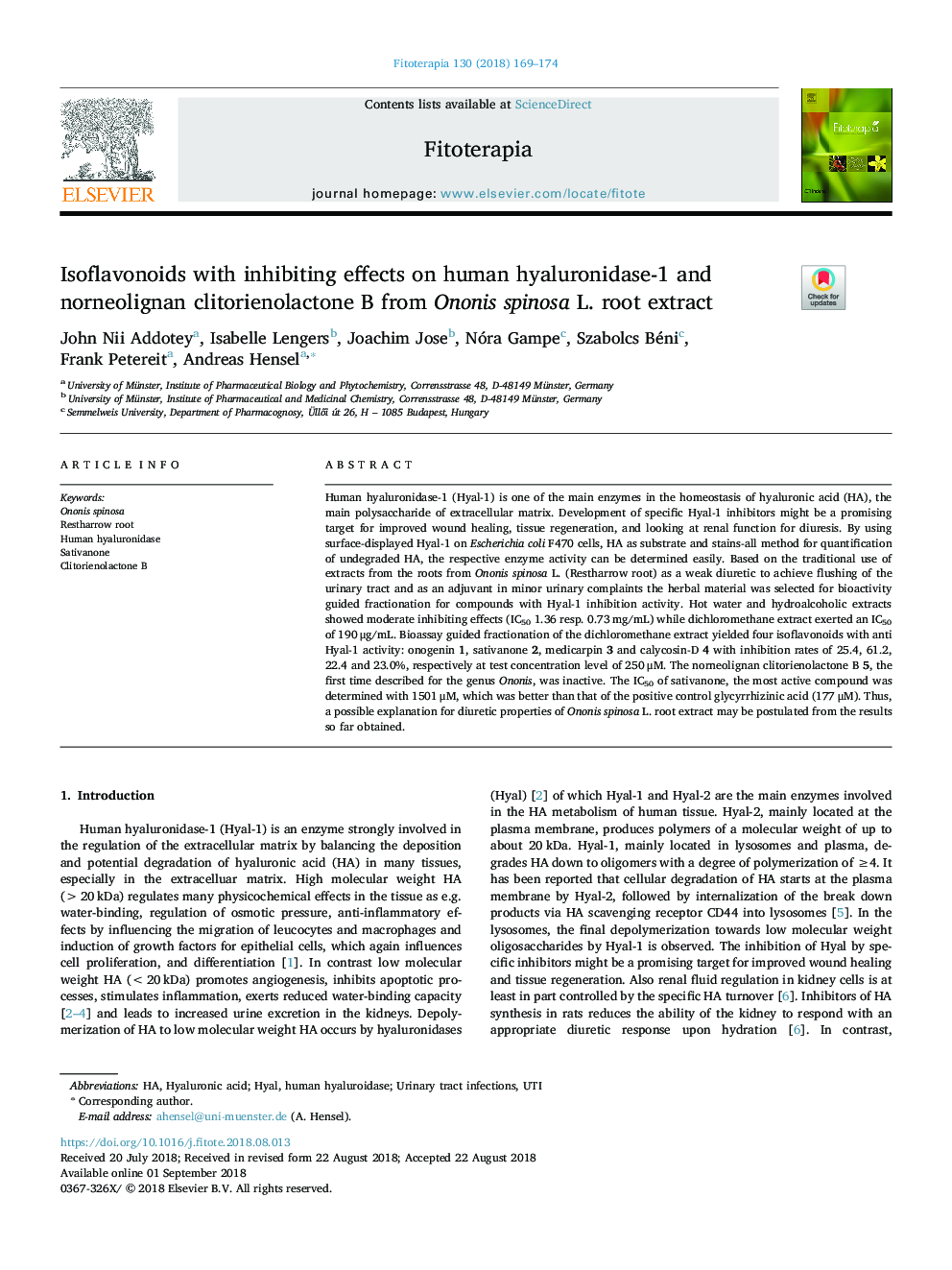 Isoflavonoids with inhibiting effects on human hyaluronidase-1 and norneolignan clitorienolactone B from Ononis spinosa L. root extract