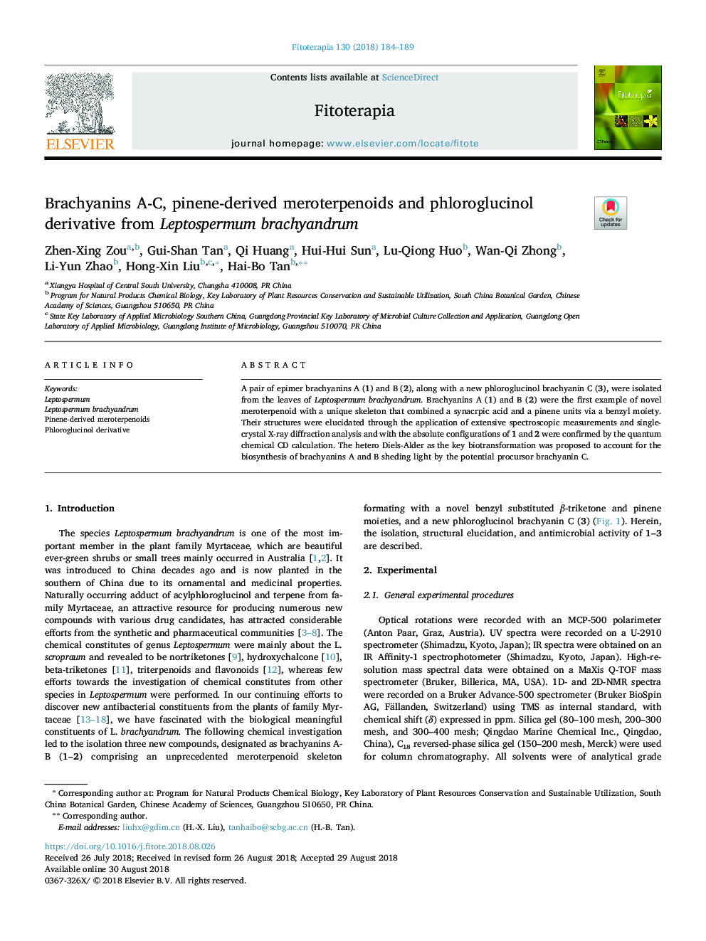 Brachyanins A-C, pinene-derived meroterpenoids and phloroglucinol derivative from Leptospermum brachyandrum