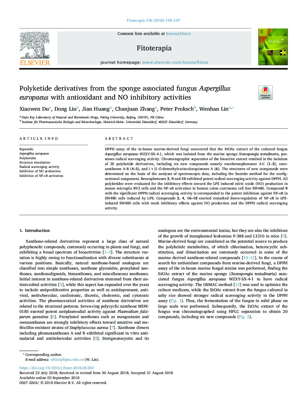 Polyketide derivatives from the sponge associated fungus Aspergillus europaeus with antioxidant and NO inhibitory activities