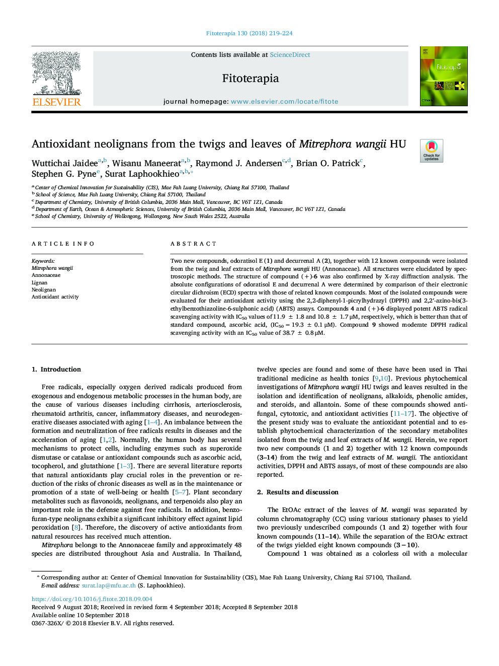 Antioxidant neolignans from the twigs and leaves of Mitrephora wangii HU