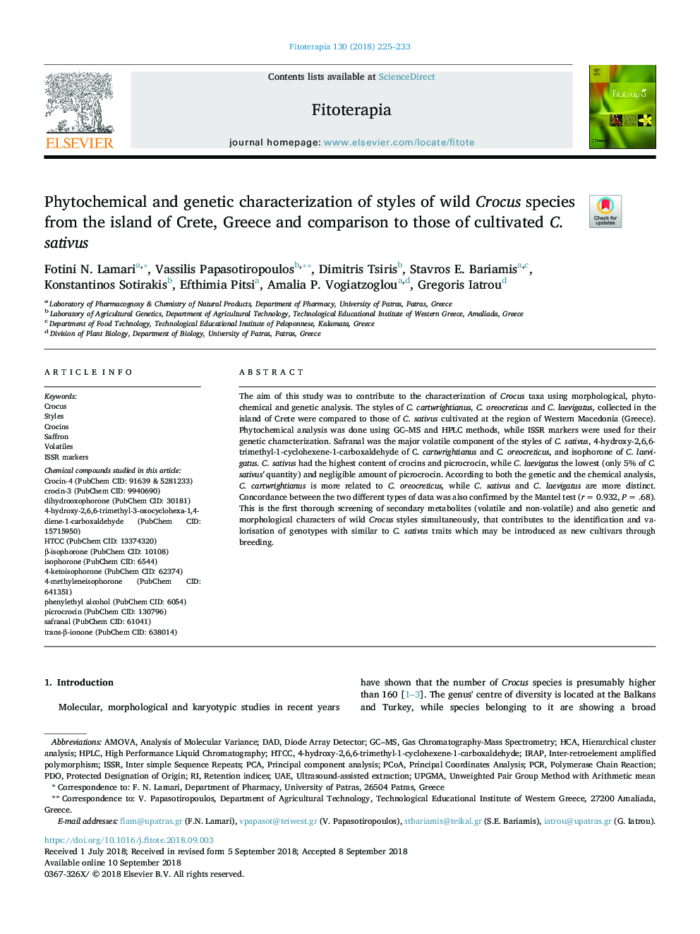 Phytochemical and genetic characterization of styles of wild Crocus species from the island of Crete, Greece and comparison to those of cultivated C. sativus