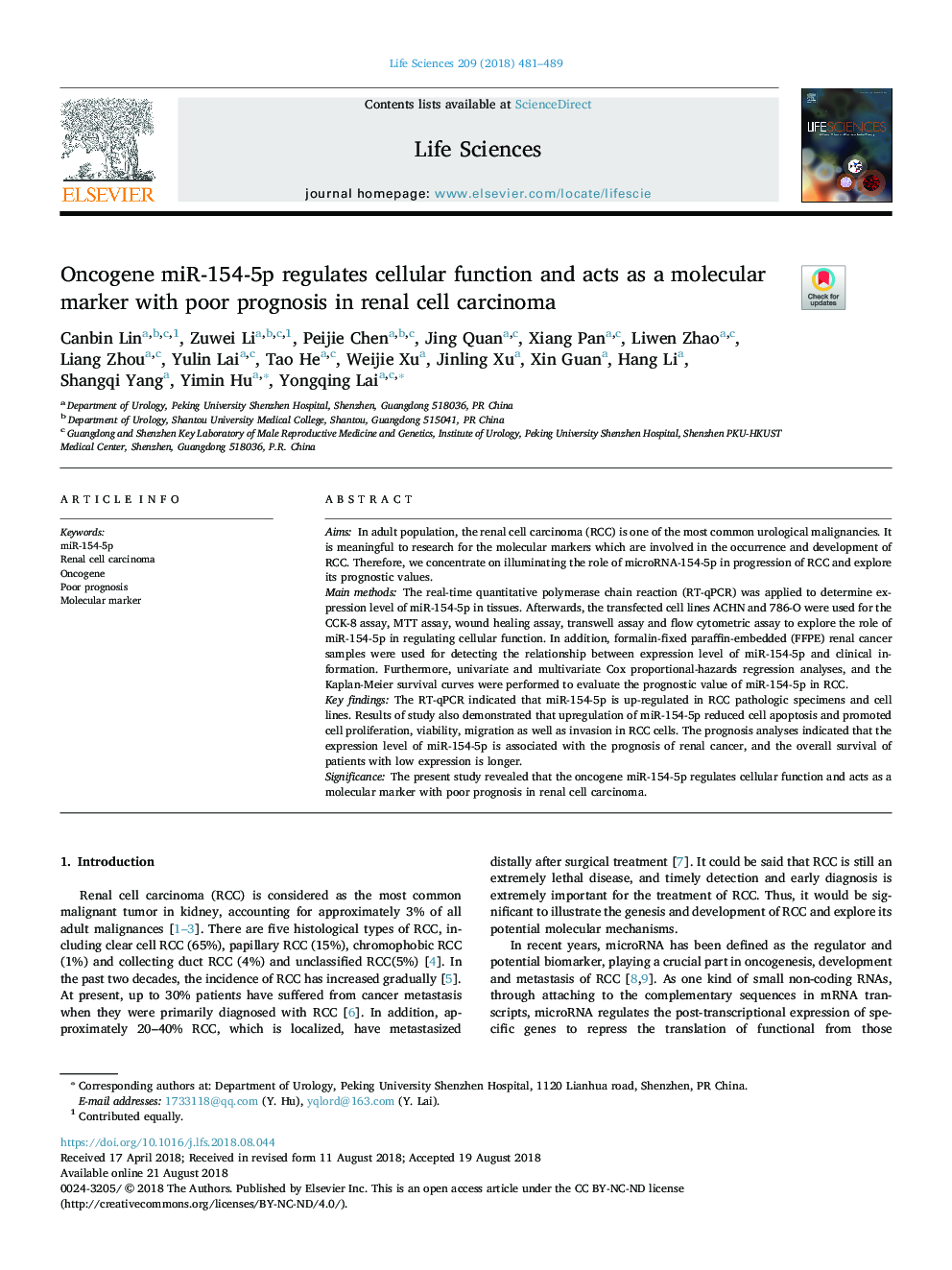 Oncogene miR-154-5p regulates cellular function and acts as a molecular marker with poor prognosis in renal cell carcinoma