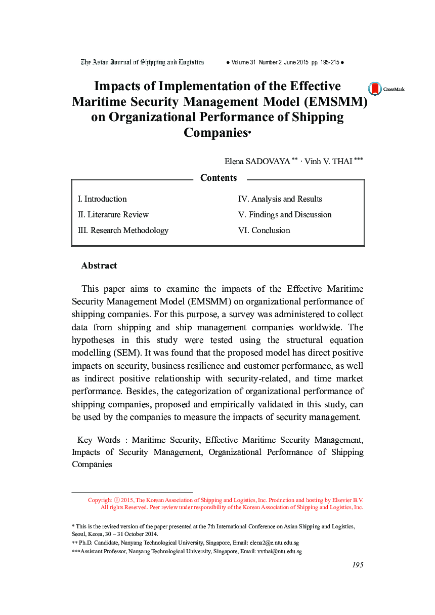 Impacts of Implementation of the Effective Maritime Security Management Model (EMSMM) on Organizational Performance of Shipping Companies1