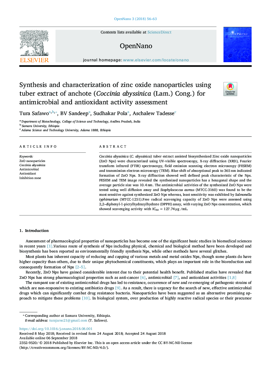 Synthesis and characterization of zinc oxide nanoparticles using tuber extract of anchote (Coccinia abyssinica (Lam.) Cong.) for antimicrobial and antioxidant activity assessment