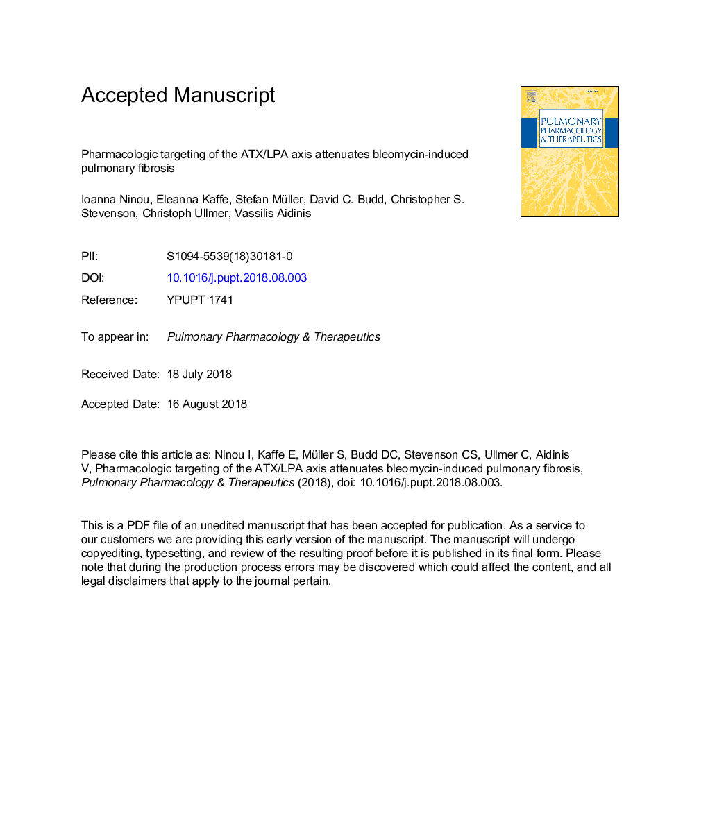 عکس صفحه اول مقاله: Pharmacologic targeting of the ATX/LPA axis attenuates bleomycin-induced pulmonary fibrosis Pharmacologic targeting of the ATX/LPA axis attenuates bleomycin-induced pulmonary fibrosis