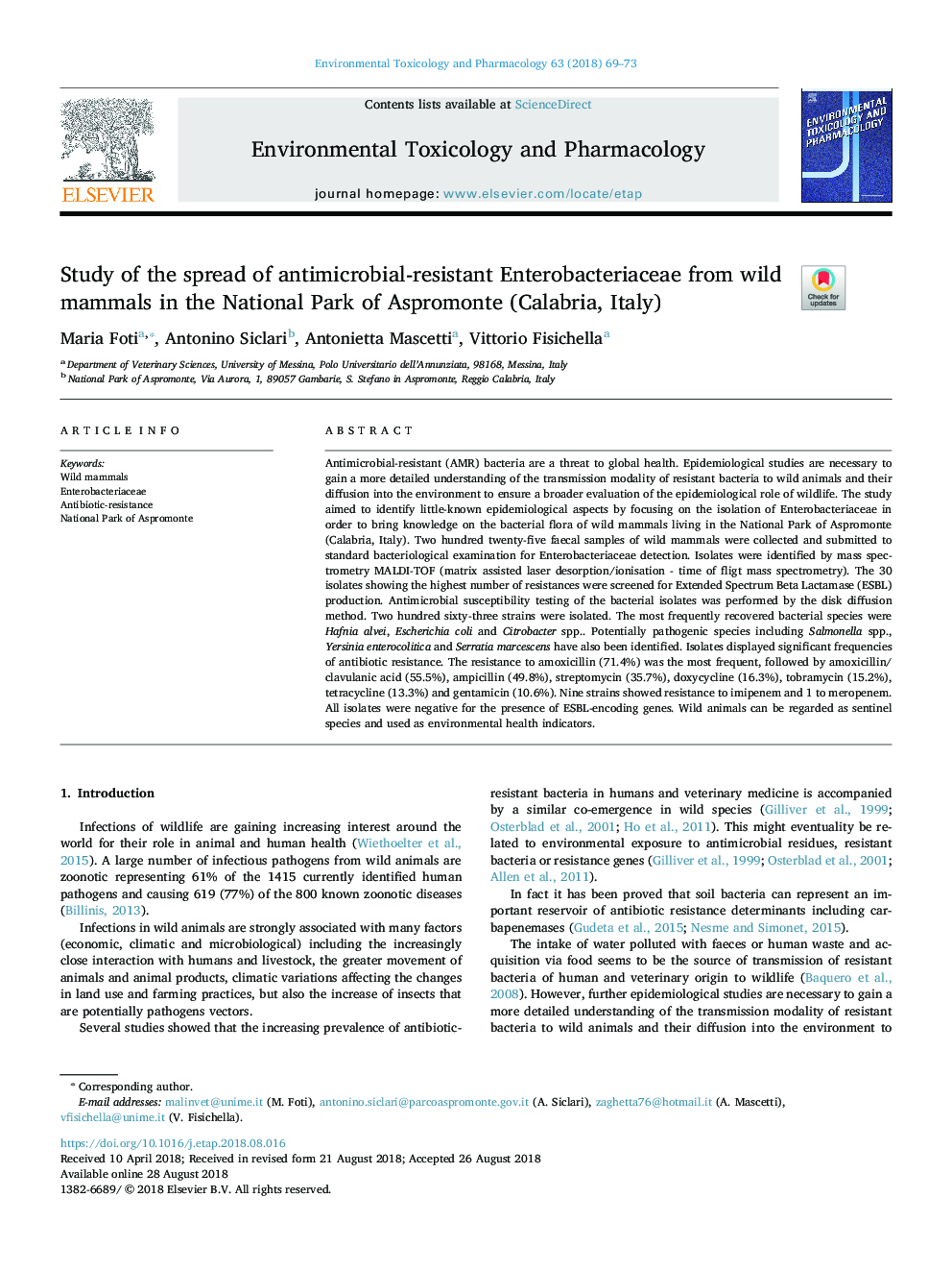 Study of the spread of antimicrobial-resistant Enterobacteriaceae from wild mammals in the National Park of Aspromonte (Calabria, Italy)