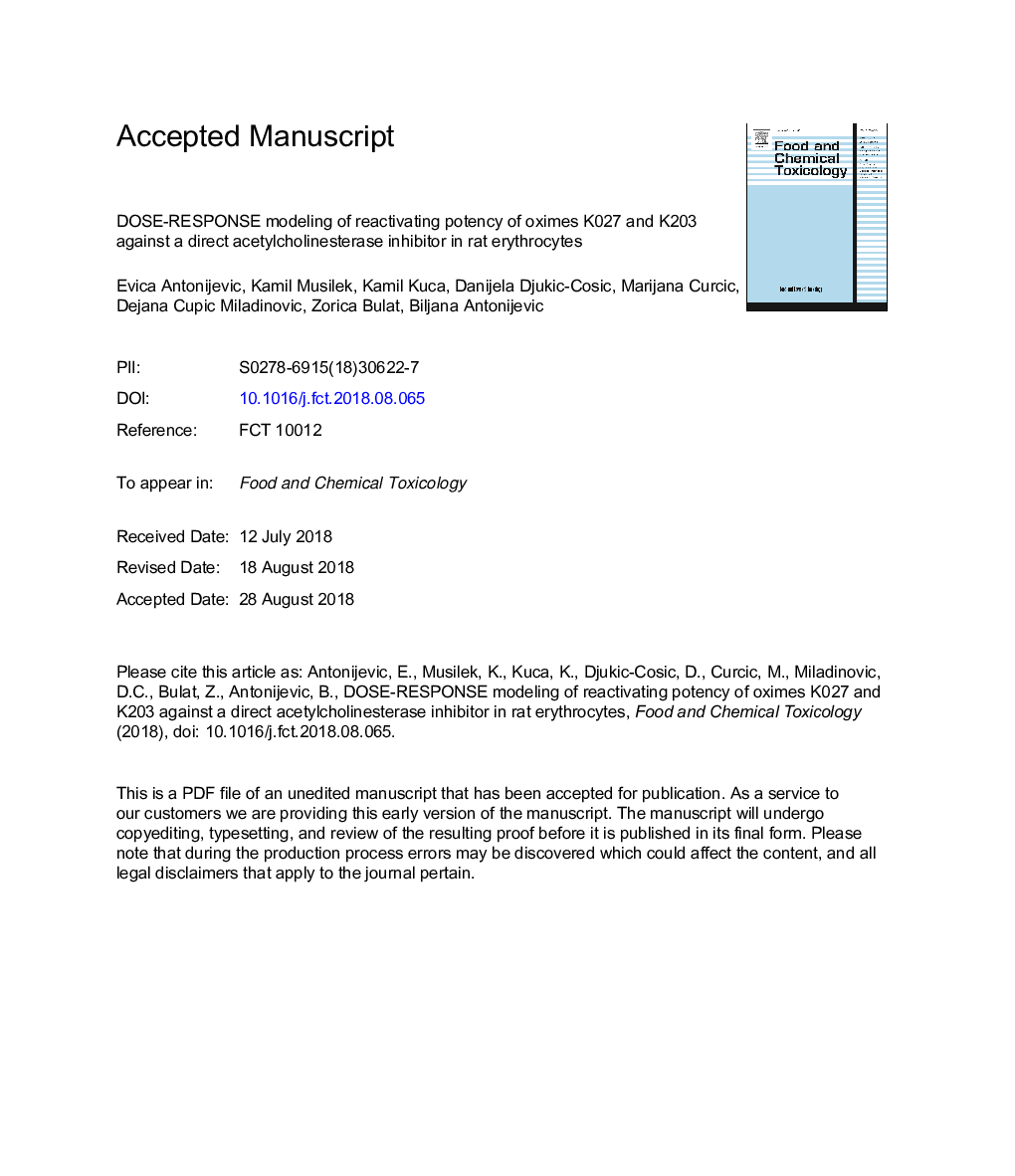 عکس صفحه اول مقاله: Dose-response modeling of reactivating potency of oximes K027 and K203 against a direct acetylcholinesterase inhibitor in rat erythrocytes Dose-response modeling of reactivating potency of oximes K027 and K203 against a direct acetylcholinesterase inhibitor in rat erythrocytes