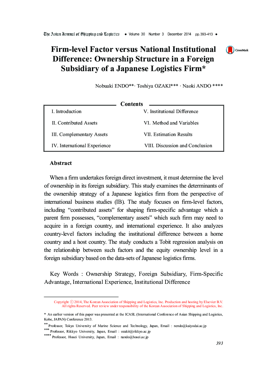 Firm-level Factor Versus National Institutional Difference: Ownership Structure in a Foreign Subsidiary of a Japanese Logistics Firm1