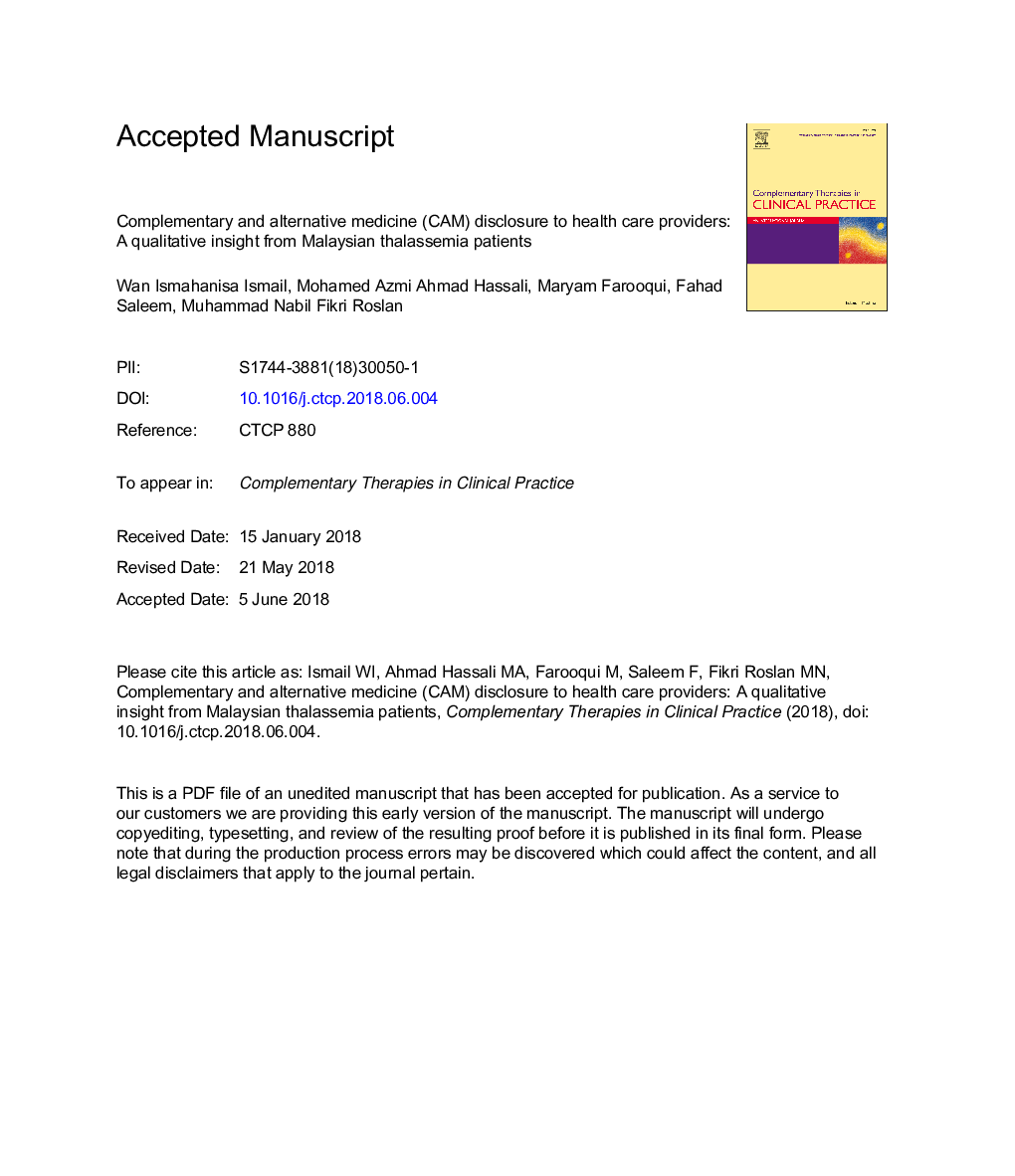 Complementary and alternative medicine (CAM) disclosure to health care providers: A qualitative insight from Malaysian thalassemia patients