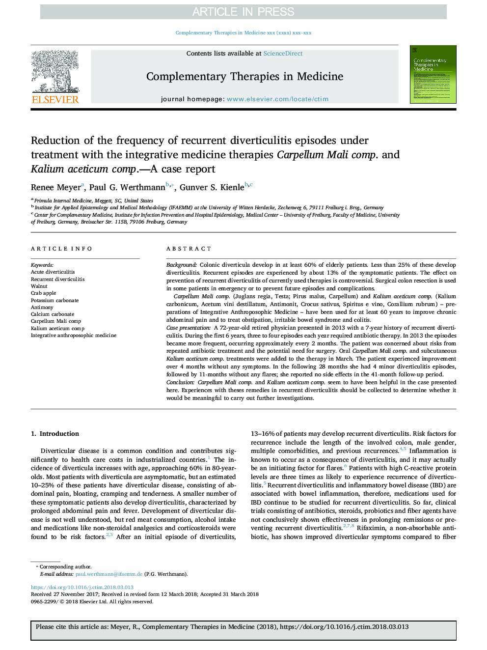 Reduction of the frequency of recurrent diverticulitis episodes under treatment with the integrative medicine therapies Carpellum Mali comp. and Kalium aceticum comp.-A case report