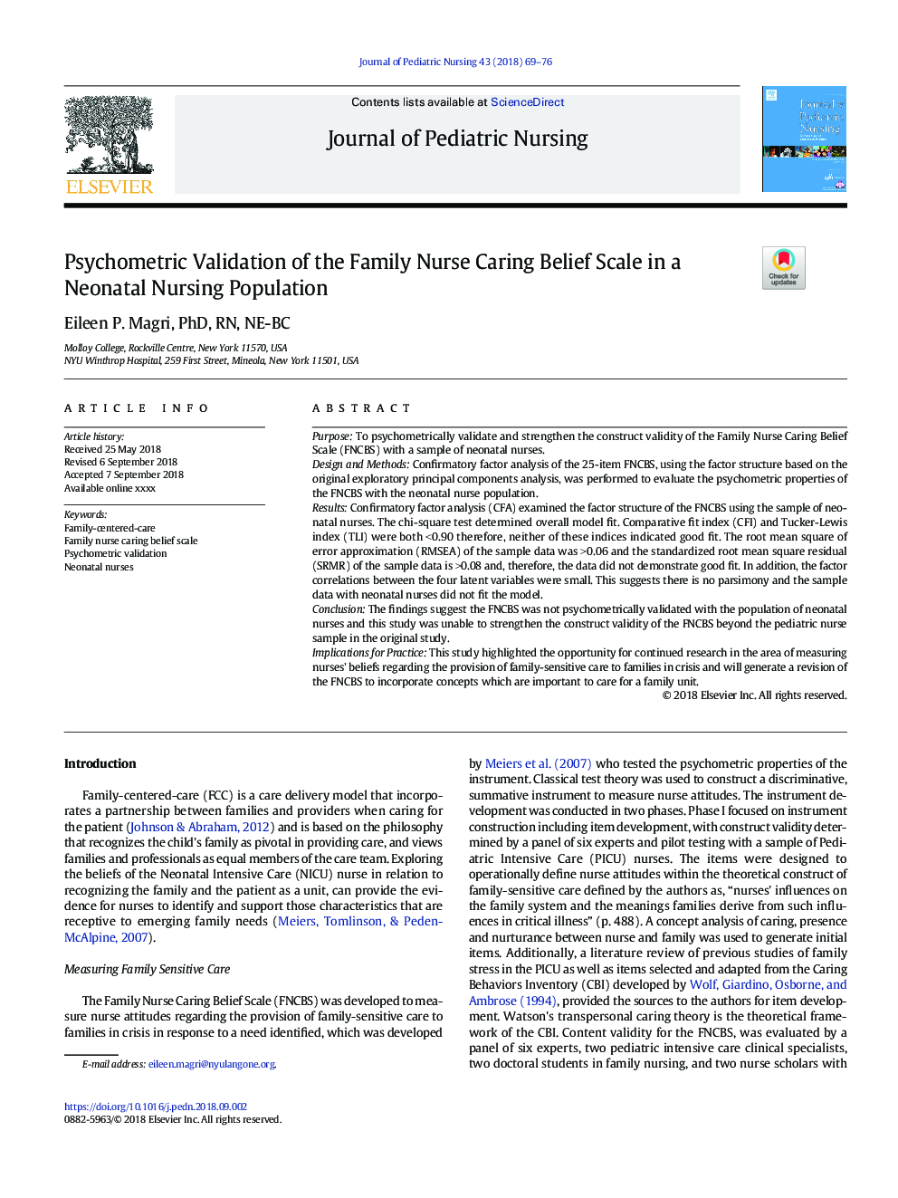 Psychometric Validation of the Family Nurse Caring Belief Scale in a Neonatal Nursing Population