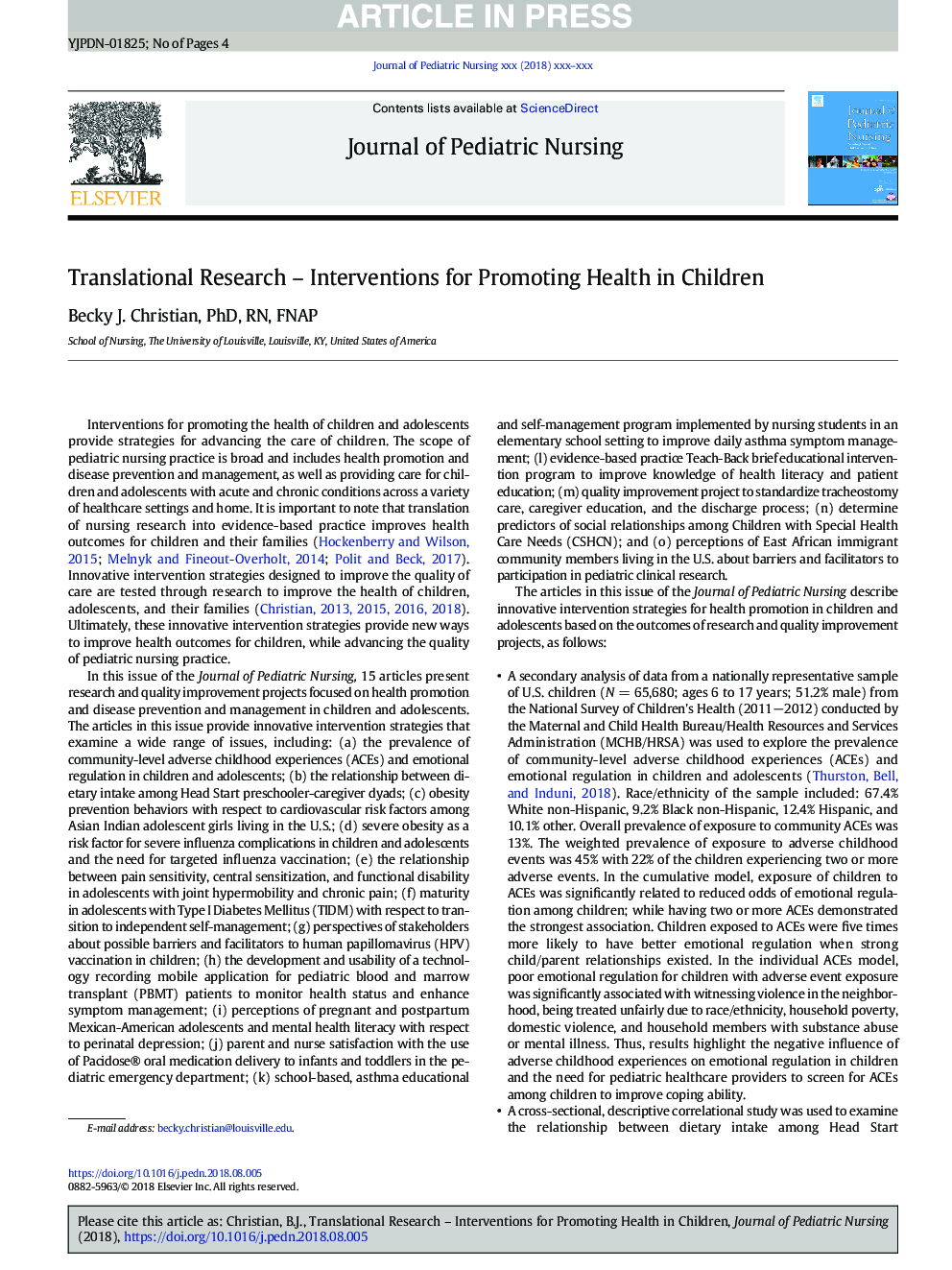 Translational Research - Interventions for Promoting Health in Children