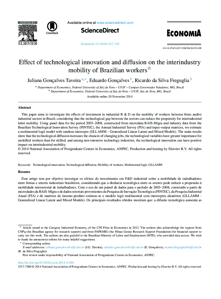 Effect of technological innovation and diffusion on the interindustry mobility of Brazilian workers 