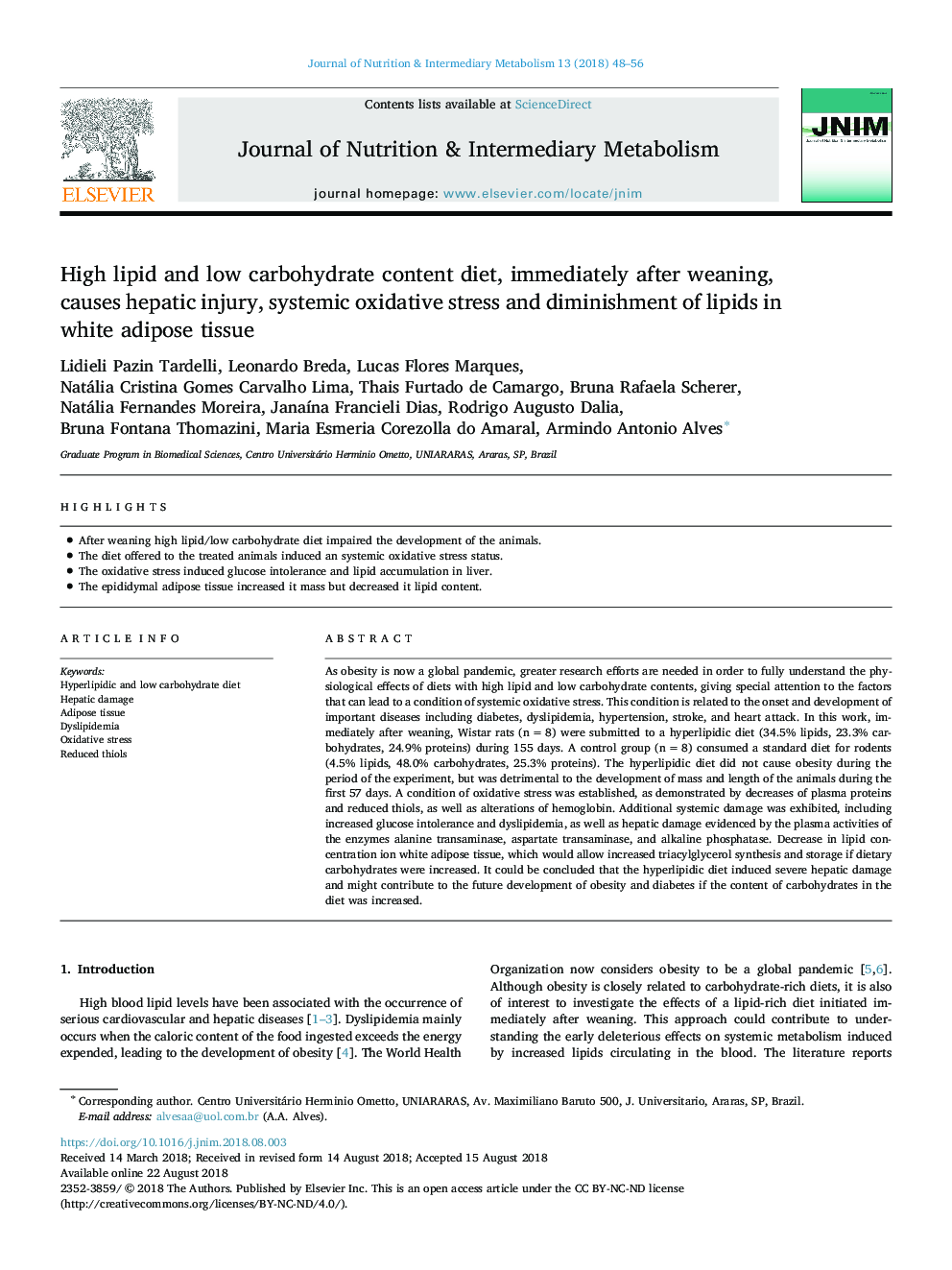 High lipid and low carbohydrate content diet, immediately after weaning, causes hepatic injury, systemic oxidative stress and diminishment of lipids in white adipose tissue