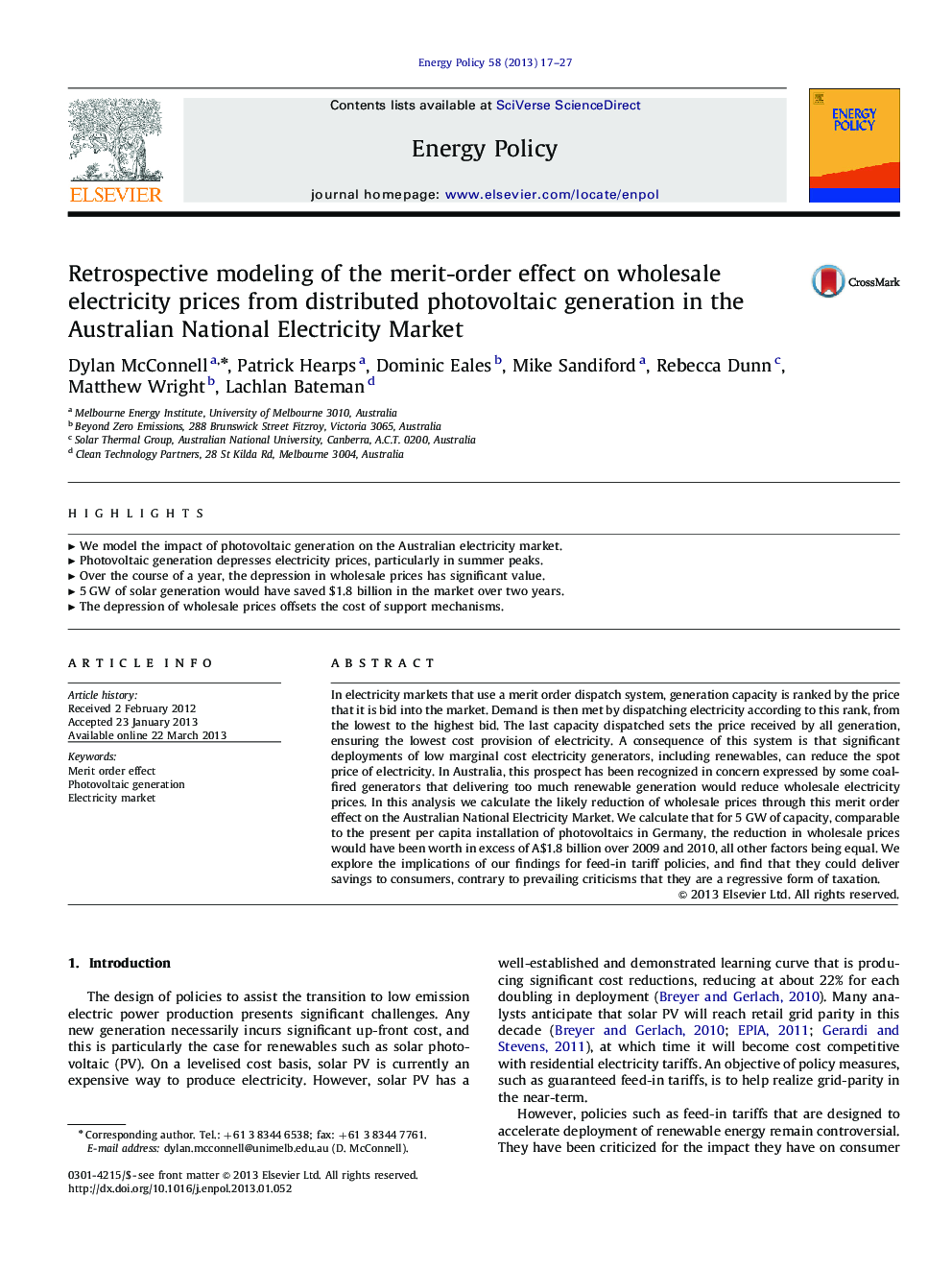 Retrospective modeling of the merit-order effect on wholesale electricity prices from distributed photovoltaic generation in the Australian National Electricity Market